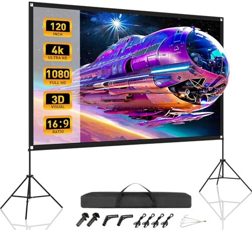 120 Inch Projector Screen with Dual Tripod Stands, 16:9 4K HD Foldable Anti-Crease Portable Outdoor Projector Screen with Stand for Movie Nights, Backyard, Indoor Home Theater, Large Projection Screen