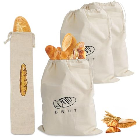 XHYASD Lot de 4 Sacs à Pain en Lin, 40 x 30 cm / 64 x 16 cm Sac a Pain Tissu avec Cordon de Serrage, Réutilisables Sachet de Stockage de Nourriture, Poche à Pain pour Pain, Baguette, Fruits, Légumes