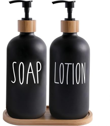 Braozaiw kitchen Soap Dispenser Set, washing up liquid dispenser, Glass Soap Dispenser with Bamboo Tray,suitable for Bathroom, Kitchen, Laundry Room (Black 2 pack)