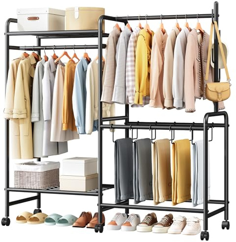 Casavibe Heavy Duty Clothes Rail with Wheels, 125KG Metal Clothing Rack with Trouser Rack, Top Shelf, 4 Hooks & 5 Trouser Hangers, Sturdy Wardrobe Clothes Rail for Bedroom Hallway Shop, Black