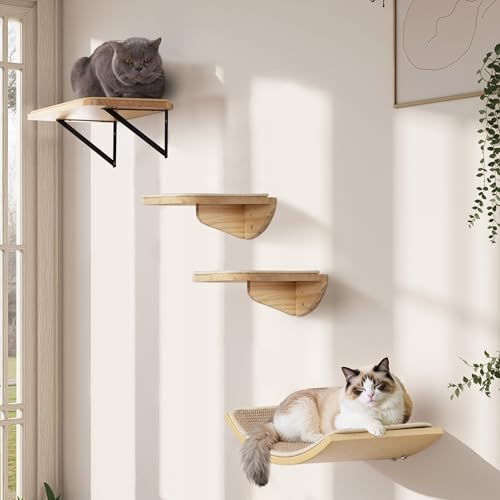 Kattstege väggsats, klättervägg för katter med 2 trappsteg, fyrkantiga och böjda plattformar, väggmonterad träklättermöbelsats för katter för klättring, lek och vila