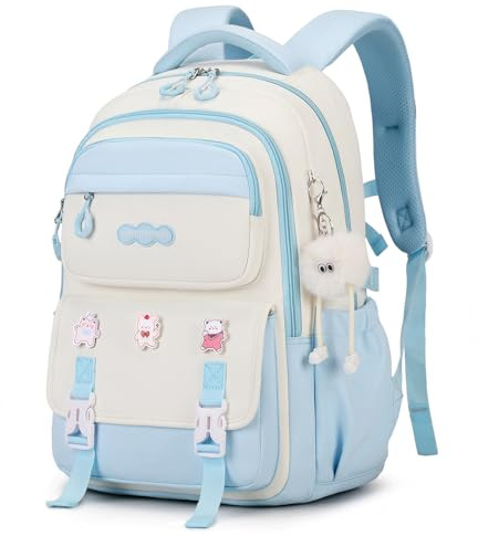 Tanou Sac à Dos Fille Adolescent, Cartable Fille Décontracté pour École Primaire College Lycée, Sac a Dos Scolaire Déperlant pour Grands Enfants avec Sangle de Fixation, Bleu