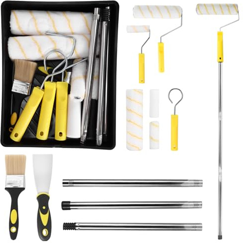 Paint Roller Set, 9 Inch Paint Roller Brush Set with Extension Pole, Includes Paint Tray,Brush, Rollers, Paint Mixer, Scraper for Painting for Walls and Ceilings,15 Pack