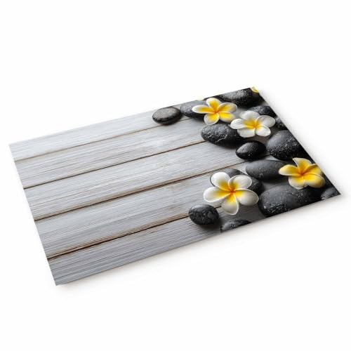 Homechoid Yellow Egg Flowers Front Door Mat for Indoor Entrance 20x31.5 Inche, Plumeria Floral Stone Farmhouse Wooden Absorbent Doormat for Bathroom/Garage/Kitchen/Entry/Back, Washable