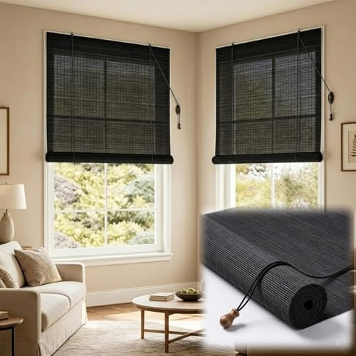 Tenda A Rullo In Bambù Per Interni: Tapparella Avvolgibile In Bambù Semi-Ombra Con Sollevatore, Tenda Naturale Tessuta A Mano E Traspirante Per Finestra, Porta E Balcone(Nero,W40xH130cm)