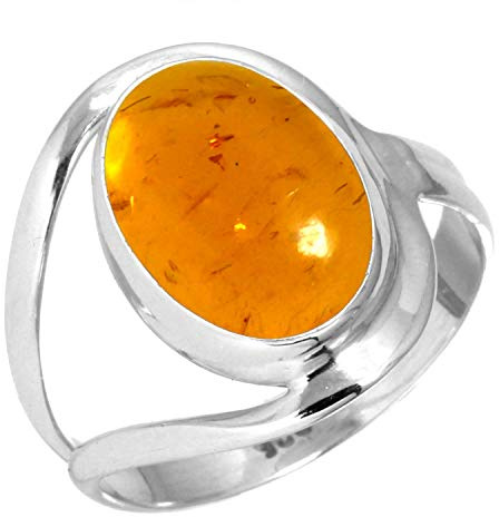 Jeweloporium Bague en argent sterling 925 avec ambre orange, taille 52, pour femme, bijou artisanal en pierre ovale
