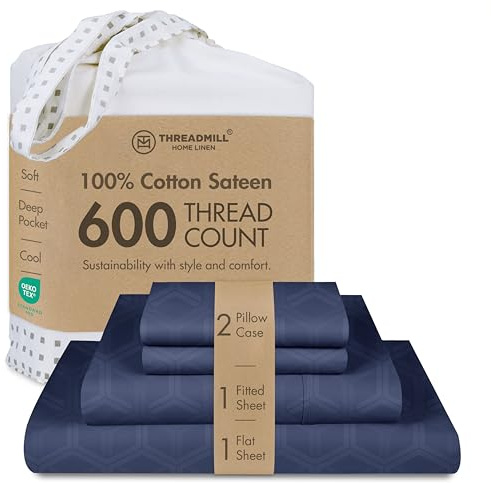 Threadmill Sábanas 100% algodón para Cama de tamaño matrimonial, Juego de sábanas de 600 Hilos con Bolsillo Profundo de 16 Pulgadas, Juego de Ropa de Cama de 4 Piezas con Tejido de satén Jacquard con