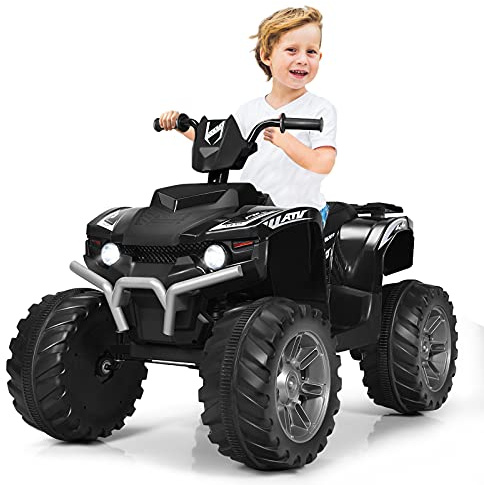 COSTWAY 12 V elektrisk barnfyrhjuling med strålkastare, minielfyrhjuling med musik och horn, 4 hjul, barnfyrhjuling, 2,8–5 km/h, barnmotorcykel, barnbil, elbil för barn från 3 år (svart)
