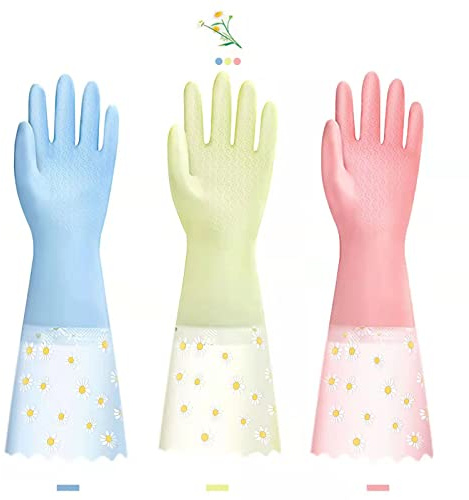 KAQ Dishwashing Cleaning Gloves 3 Pairs - Reusable Rubber Gloves Non-Slip Laundry Kitchen Gardening Waterproof Household Gloves(Medium)