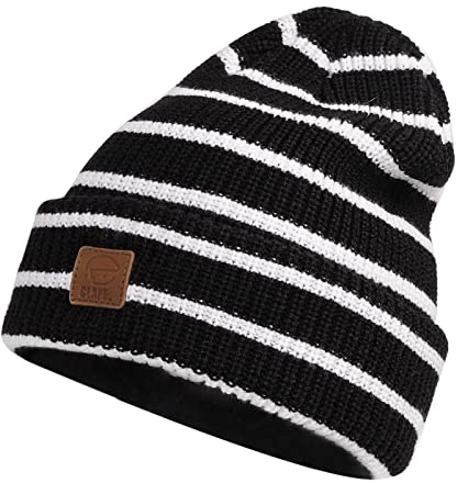 CLAPE Unisex läderpatch lång beanie stickad mössa mjuk varm slouch beanie mössa akryl Cuffed vintermössa randig ribbad stickad hatt, OG07-svart, En Storlek