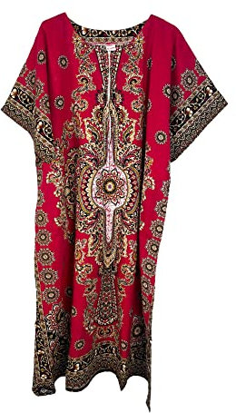 Langes Kaftan-Kleid für Damen, 100 % Baumwolle, Sommerkleid, Dashiki, afrikanischer Druck, Einheitsgröße, lockerer Stil, Strandabdeckung, rose, Einheitsgröße