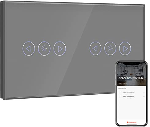 BSEED Dubbel Smart ZigBee Dimmer Switch för LED-lampa, ZigBee-strömbrytare, Wlan-strömbrytare, väggströmbrytare, infälld glas, fungerar Smart Life/Tuya, Alexa grå (Hub krävs)