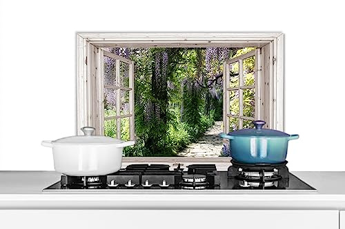 KitchenYeah© Spritzschutz Küchenrückwand Platte Küche Deko Aluminium Platte Spritzschutz Küchenwand WandverkleidungGlyzinie - Blumen - Durchsichtige - Baum - Frühling - 70x50 cm