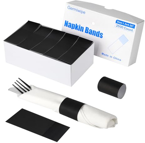 Germiwipe 2500Pcs Black Napkin Bands,Easy to Separate, Time-Saving,Paper Napkin Rings Self-Adhesive,Silverware Wraps Bands,Perfect for Birthday Parties, Weddings, Family Reunion & Events