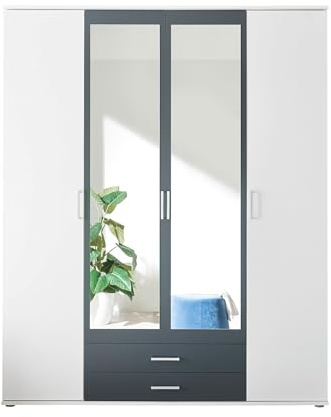 AVANTI TRENDSTORE Hanu - Armadio in legno laminato a 2 ante a battente in legno, 2 ante con specchio e 2 cassetti. Disponibile nel colore bianco/grafite. Dimensioni LxAxP 160x196x54 cm