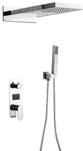 Unterputz Duschsystem Mit Handbrause Duscharmatur Set Led Thermostat Duschset Duschkopf Regendusche Duschpaneel Massage Wasserfall Silber Armatur Wandmontage Aus Edelstahl Und Messing 50X22X3Cm