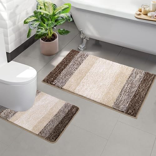 Enyhom Soft Bathroom Mat Set - 2 Piece Water Absorbent Bath Mats and Toilet Mat Set, Non Slip, Machine Washable, Coffee