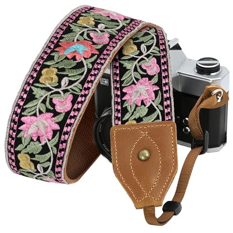 Padwa Lifestyle Embroidered Flower Camera Strap - 2 Wide Classic Vintage Crazy Horse Arts Cowhide Head Camera Straps for Photographers,Universal Neck Shoulder & Crossbody Strap Fit DSLR/SLR Camera