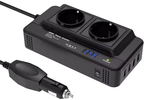Beatific Convertitore di tensione per auto da 200 W, inverter DC 12V a AC 230 V con 2 prese e 4 porte USB, caricatore per auto con presa accendisigari per la ricarica in viaggio di telefoni cellulari,