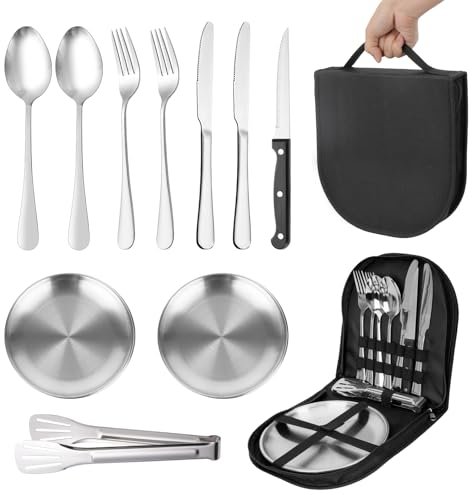 Couvert Camping Accessoires 1-2 Personnes, 10 Pièces Vaisselle Camping INOX avec Cuillère Fourchette Couteau Assiette, Vaisselle Pique Nique pour la Randonnée l'escalade Barbecues Le Plein Air