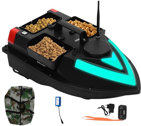 XUEMANSHOP Bateau d'appât de pêche, GPS, avec 3 bacs à appâts, batterie 5200 mAh et télécommande de 500 m, LED, retour automatique, point fixe, noir