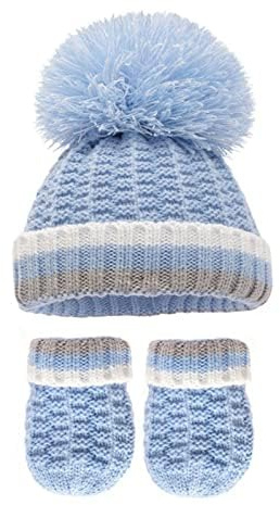 Soft Touch (Blue) Baby Boys Girls Pom Pom Hat Unisex Cable Knit Twist Hat Mittens Set 0-12 Months H648, One Size