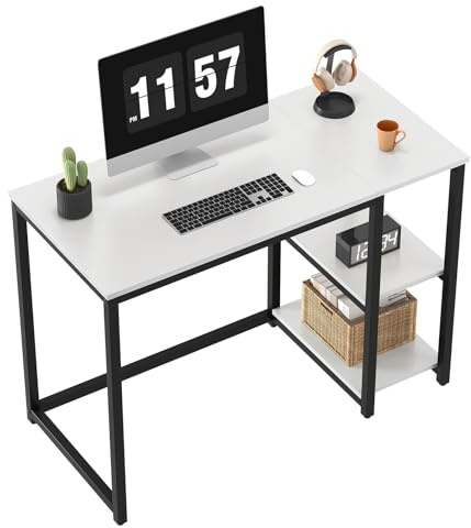WOHOMO Computertisch Weiß, 100cm Kleiner Bürotisch mit Stauraum, PC Schreibtisch für Home Office,Weiß