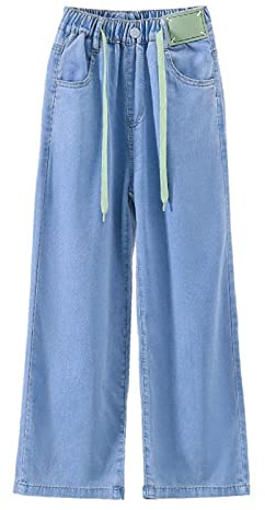 Girls Baggy Jeans Drawstring Kids Straight Leg Jeans Elastic Waist Light Blue Hip Hop Jeans Teens Casual Denim Trousers Soft Dance Pants Spring Summer (Blue, 7-8 Years)