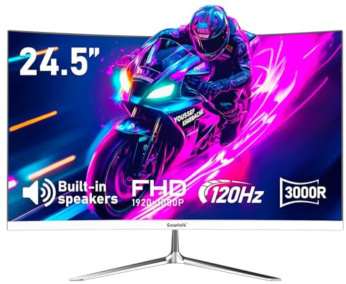 Gawfolk Curved Monitor 24,5 Zoll 120Hz mit Lautsprecher, 3000R Gebogen PC Bildschirm FHD 1080P, Weiß Computerbildschirm mit Eye Care Technologie HDMI VGA, unterstützt VESA