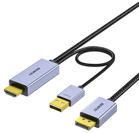 BENFEI Câble DisplayPort 1.4 vers HDMI 2.1 1,8m 8K@60Hz 4K@240Hz/165Hz/144Hz, unidirectionnel DP (Source) vers HDMI (Affichage) avec alimentation USB 5V/1A support HDR/DSC/HDCP 2.3 pour AMD NVIDIA PC