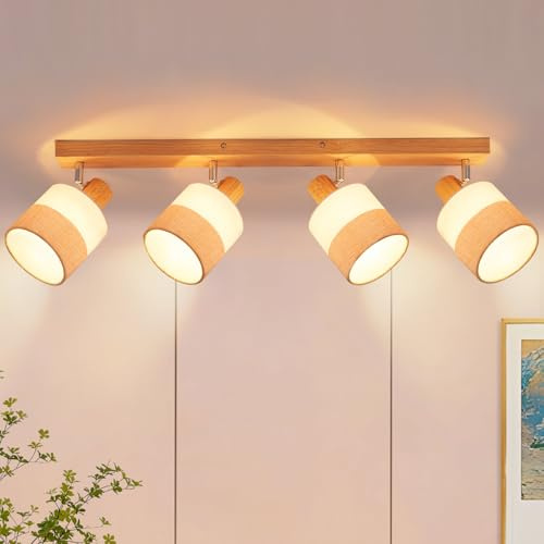 Glitzerlife Deckenstrahler 4 Flammig Deckenleuchte Schlafzimmer - Deckenlampe Holz Vintage Deckenspot E14 mit Stoffschirm Schwenkbar 350° Retro MAX.25W Flur Küche Wohnzimmer, Ohne Leuchtmittel