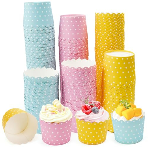 150 Pcs Moldes Magdalena Papel con Lunares Moldes Muffins Papel 3 Colores 6x5x4.5cm, Moldes Cupcakes para Horno Microondas y Air Fryer, Cápsulas para Cupcakes Muffins para Bodas, Fiestas de Cumpleaños