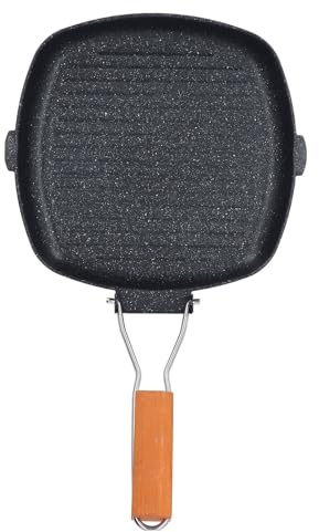 Fictory Non-stick grillpanna för spis, fyrkantig grillpanna, mångsidig stekpanna med trähandtag, enkel rengöring, inomhusmatlagning, jämn värmefördelning