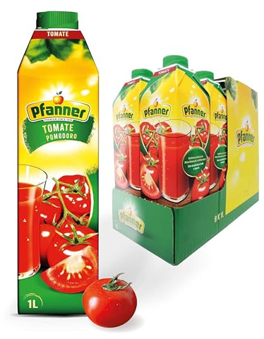 Pfanner Tomatensaft (8 x 1 l) – Fruchtsaft, fein püriert, fruchtig-würzig und mit 100% natürlichen Zutaten – 99% Saftgehalt aus Tomaten – im Vorratspack
