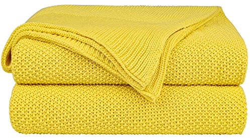 PiccoCasa 100% Cotton Knit Blanket Full Size,Solid Lightweight Decorative Throws and Blankets,Soft Knitted Throw Blanket for Sofa Couch, Yellow 70 x 78