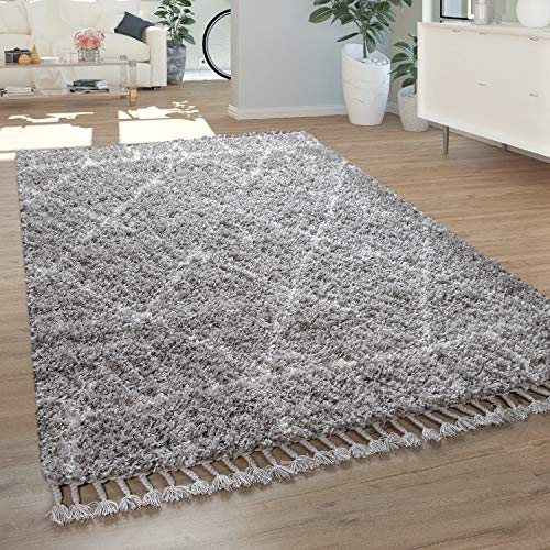 Paco Home Teppich Wohnzimmer, Schlafzimmer/Hochflor Shaggy in versch. Designs Farben und Größen, Grösse:160x230 cm, Farbe:Grau 6