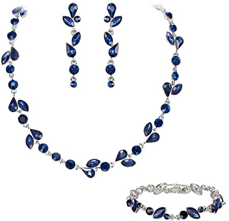 EVER FAITH Matrimonio Cristalli Gioielli Set per la Sposa, Splendido Marquise Rotondad Strass Foglia Collana Dangle Orecchini Bracciale per Donne Zaffiro Blu Argento-fondo
