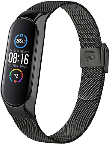 AK Armband Kompatibel mit Xiaomi Mi Band 6 Armband/Xiaomi Mi Band 5 Armband, Verstellbare Edelstahl Metall Ersatzarmband für Xiaomi Mi Band 5/Mi Band 6 (Schwarz)