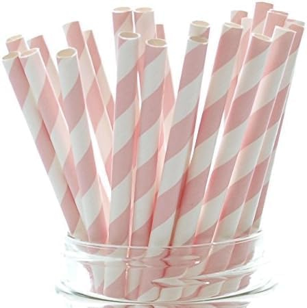 Rosarandiga papperssugrör, söta rosa sugrör biologiskt nedbrytbara papperssugrör för cocktail, bröllop och födelsedag (100-pack)