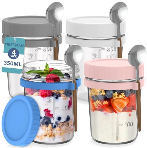 HEFTMAN Glass Overnight Oats Jars with Lids - 4 Pack 350ml Overnight Oats Jar with Spoons & Airtight Colourful Plastic Lids, Food-Safe Breakfast Pots for Yogurt, Chia Pudding - 12oz, Reusable (4 PCS)