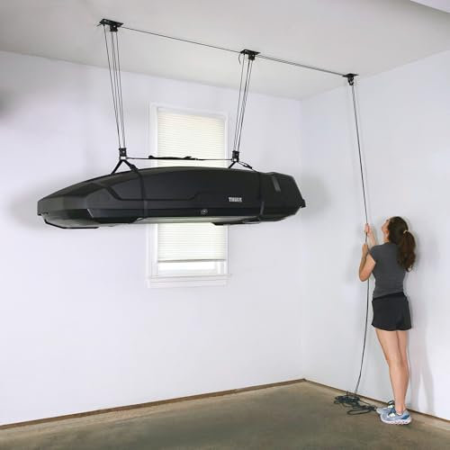 Teal Triangle Heavy Duty Elite Cargo Box Hoist, Easy-Lift Garage Pulley System, Holds 150 lbs, Fits 12-Foot+ Ceilings, Patented No-Slip Strap