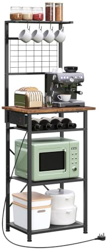 MAHANCRIS Bakers Rack, Microwave Stand with Power Outlet, Coffee Bar Station with Wine Rack and Hooks, Kitchen Storage Shelf, 2 AC Outlets and 1 Power Switch, Rustic Brown and Black ABRHR23KE01