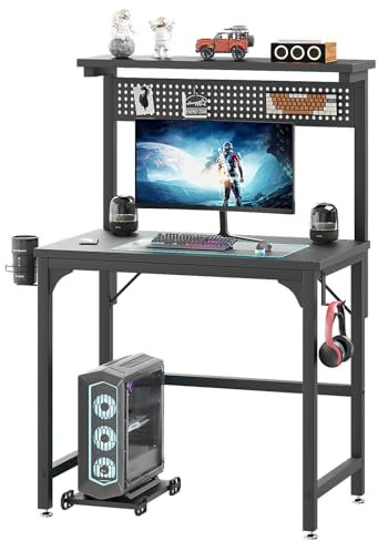 HEEYUE Gaming Tisch mit CPU-Ständer, 80CM Gaming Schreibtisch mit 5-Fach Höhenverstellbarer Monitorständer (84,5–120 cm), PC Laptop Computertisch mit Getränkehalter und Kopfhörerhaken Schwarz