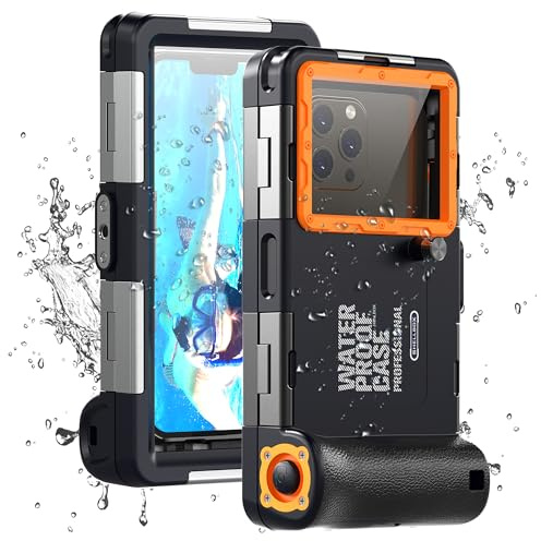 Funda Impermeable Universal IPX8 para Buceo Profesional 15M - Compatible con iPhone, Samsung, Xiaomi - Carcasa Estanca para Snorkel, Surf y Fotografía Subacuática (Negro y Naranja)