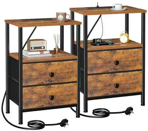 AMHANCIBLE Bedside Table Set of 2 with Charging Station, Nightstand with 2 Fabric Drawers, Small Side Table with Open Storage Shelf, Bedside Cabinets for Living Room, Bedroom, Rustic Brown HETS020PBR