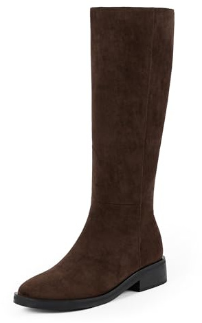 Modatope Botas altas hasta la rodilla para mujer, punta redonda, tacón bajo y plano, cremallera lateral, botas altas para otoño, Ante Chocolate, 42 EU