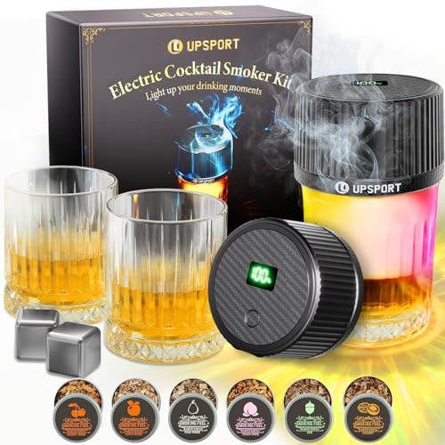 UPSPORT Whiskey Smoker Kit, 6 Flavors Wood Chips, 2 Glasses, 2 Eiswürfel, Cocktail Smoker Kit, Old Fashioned Whiskey Smoker Drinks Kit, Cocktail Zubehör Für Whiskey, Getränke, Bourbon, Kaffee, Fleisch
