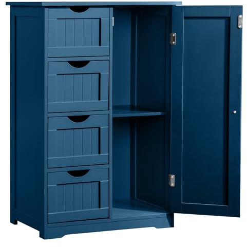 Bonnlo Bathroom Floor Storage Cabinet Cupboard, Bathroom Storage Unit with 4 Drawers & 1 Door - Adjustable Shelf, Bathroom Cabinet Freestanding for Living Room Kitchen Hallway, 56x30x80cm, Navy Blue