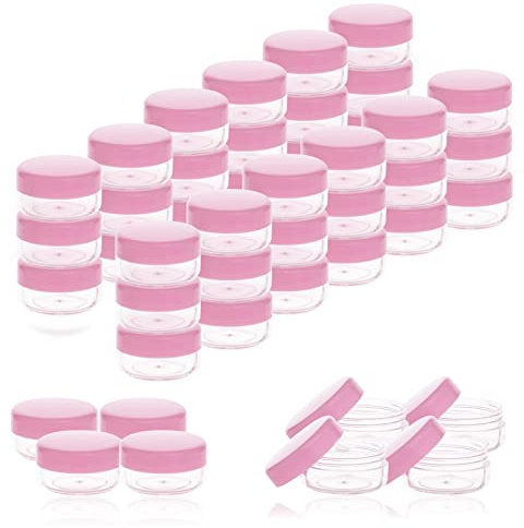 ZEJIA 5 Gram Sample Containers with Lids, Mini Makeup Containers, Empty Plastic Travel Cosmetic Containers with Labels(50 Count, Pink Lid)