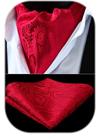 HISDERN Ascot Uomo Paisley Floreale Fazzoletto Cravatta da Matrimonio Elegante Foulard Business Ascots e Pochette Set (Rosso 1, One Size)